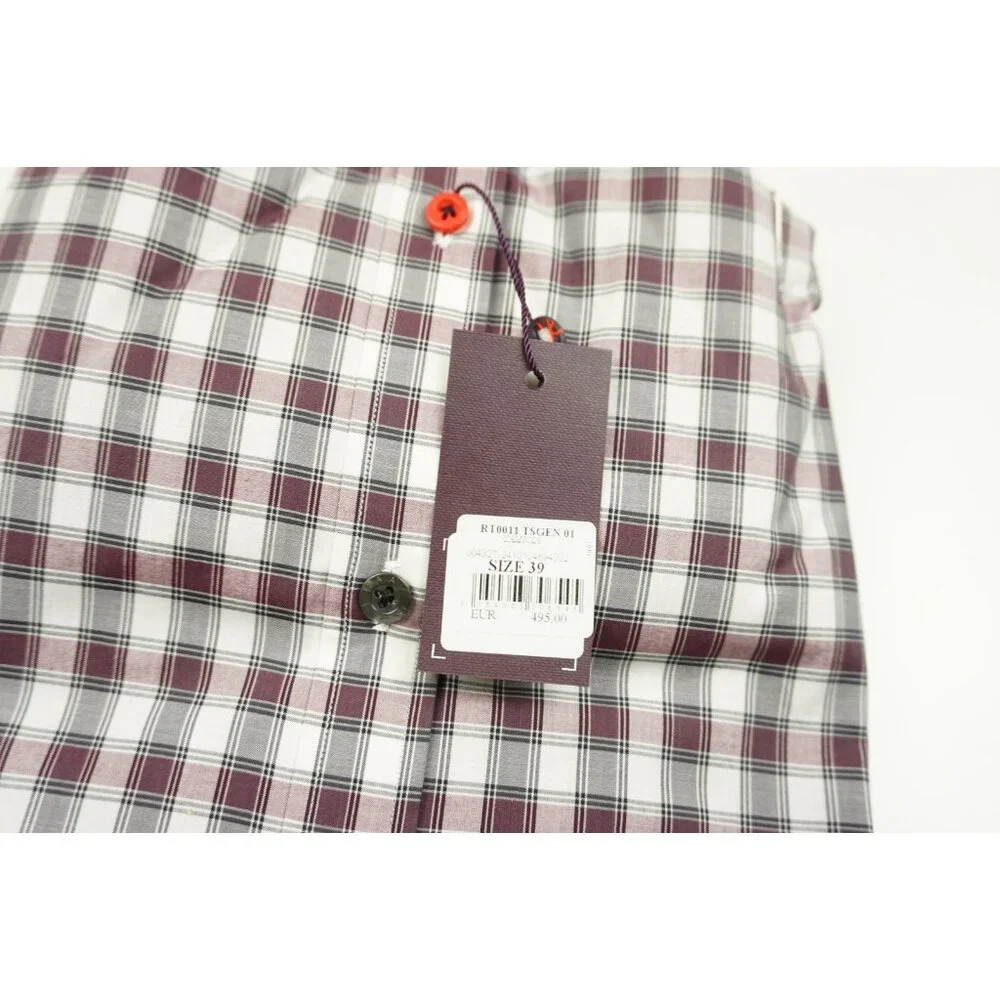 Isaia Merlot Red White Black Plaid Long Sleeve Cotton Dress Shirt 15.5/39 NEW - Picture 6 of 6